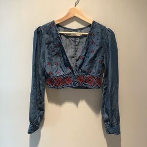 ASOS blue denim embroidered cropped top